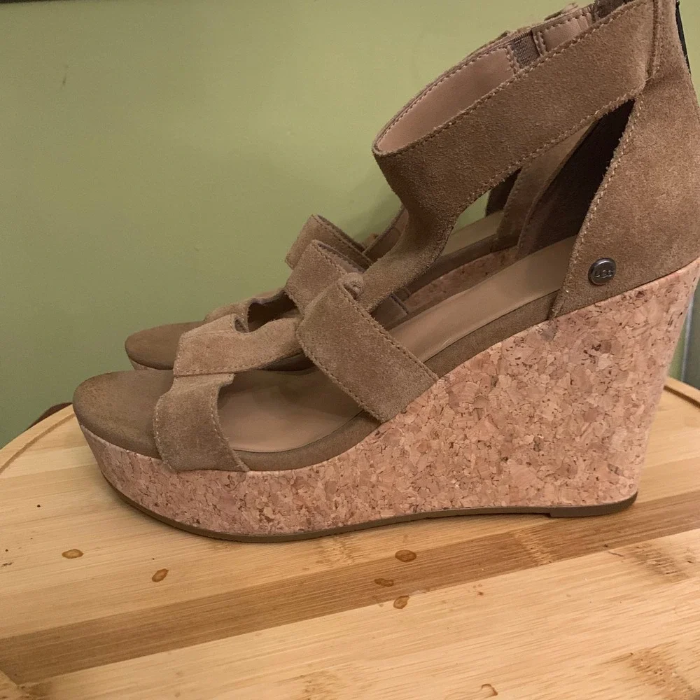 UGG Wedge Sandals Womens 8.5 Chestnut Whitney Suede Cork Platform  Strappy Heel